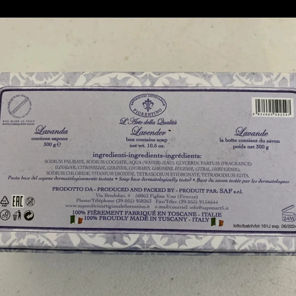 La Saponeria Firenze Lavanda Italy Lavender Jumbo Bar Soap w/ Box 10.5 oz